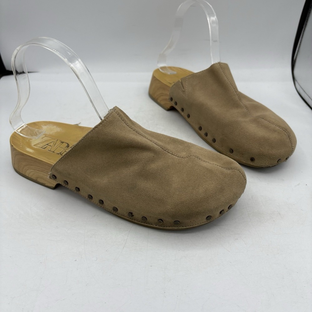 Zara Shoes Womens Size 9 Studded Clogs Mule Wood Platform Tan Brown